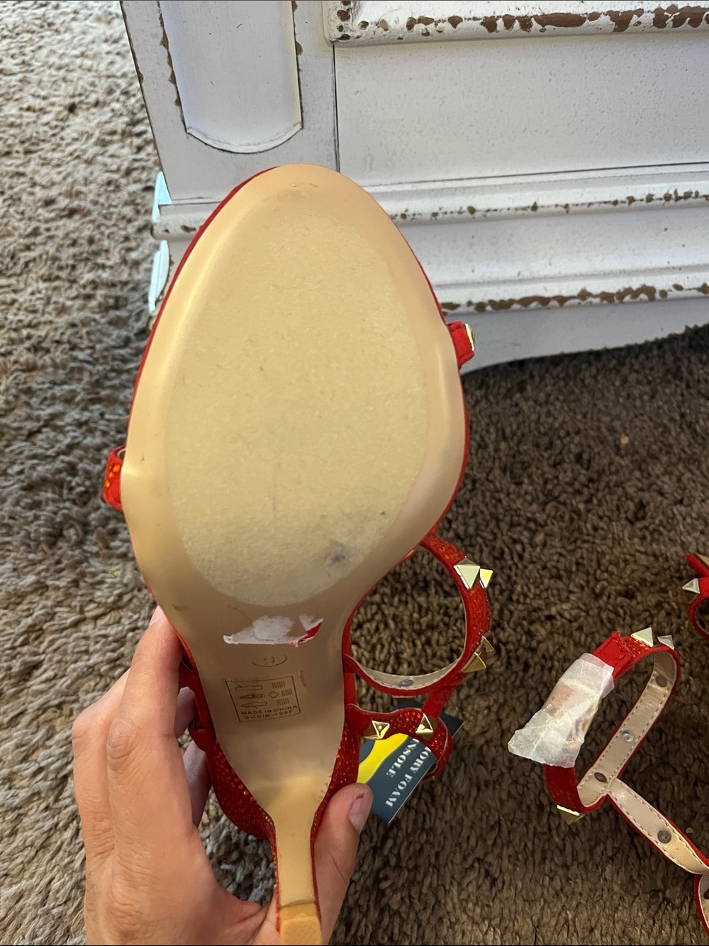 Fashion Nova Red Crystal Pyramid Stud T-Strap Heels - Picture 8 of 10